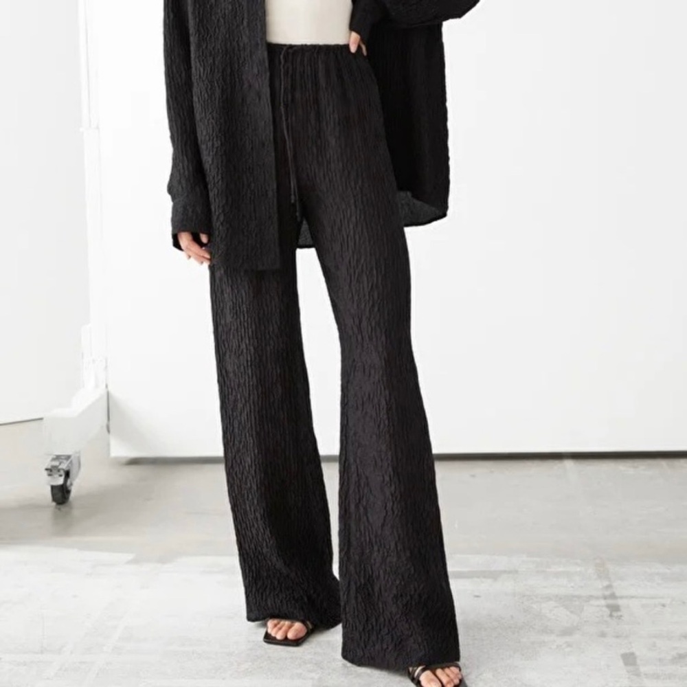 & Other Stories Black Crinkle Textured Drawstring Pants